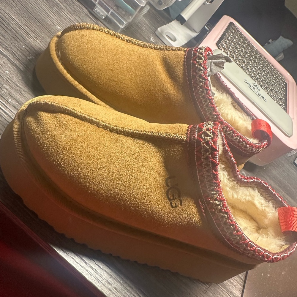 UGG Brown Suede Slippers with Red Trim